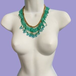 Turquoise & Blue Acrylic & Glass Beads Goldtone Chain Faceted Dangles Necklace